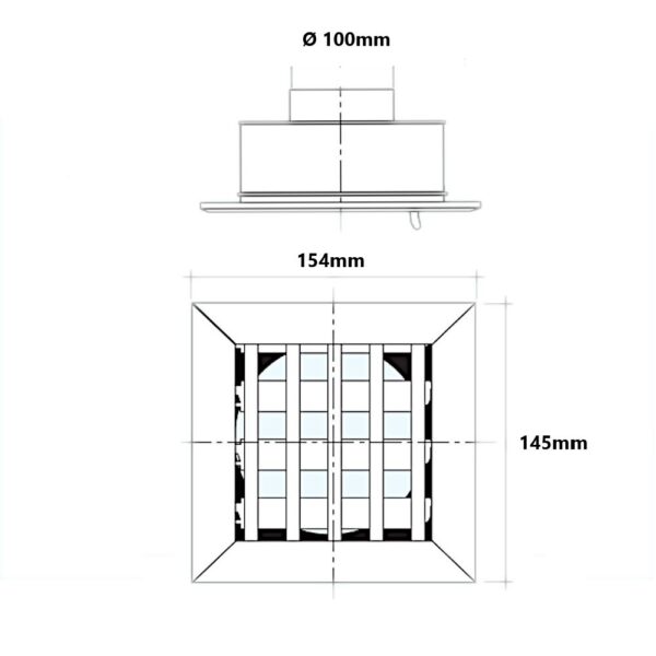 Bocchetta in alluminio con alette 154mm x 145mm Ø 100mm