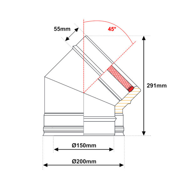 Curva 45° acciaio INOX doppia parete Ø 150mm