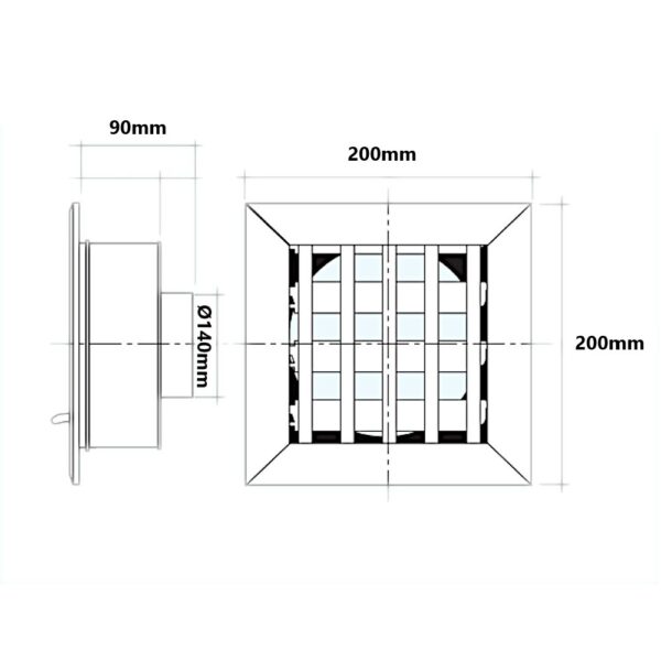 Griglia alluminio da incasso per camini 200mm x 200mm