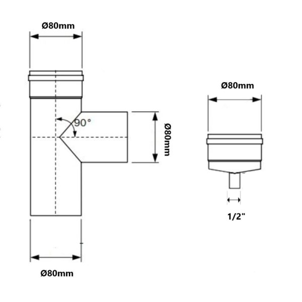 Raccordo a T Ø 80mm F/F con scarico condensa 1/2″ Niche