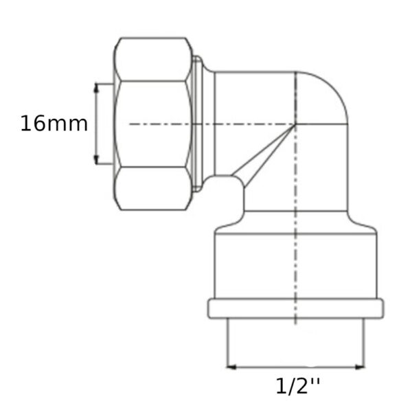 Raccordo gomito a stringere per tubo in rame F 1/2” – F 16mm