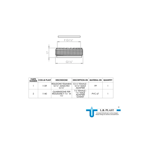 Scheda tecnica Riduzione filettata MF 1" 1/2 - 1" 1/4 in PP