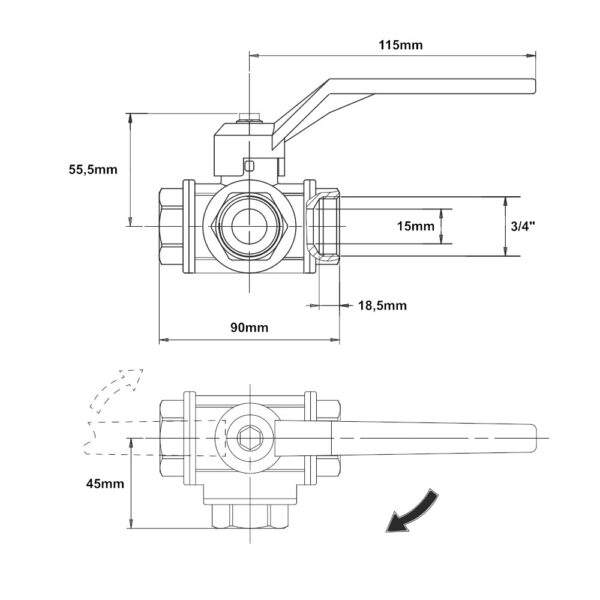 Valvola a sfera a 3 vie FFF da 3/4″