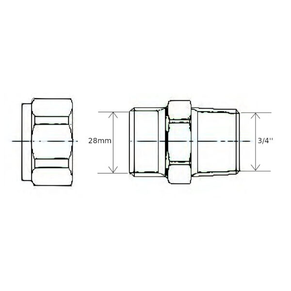 Raccordo a stringere per tubo in rame M 3/4” – F 28mm