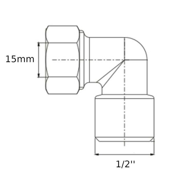 Raccordo gomito a stringere per tubo in rame M 1/2” – F 15mm