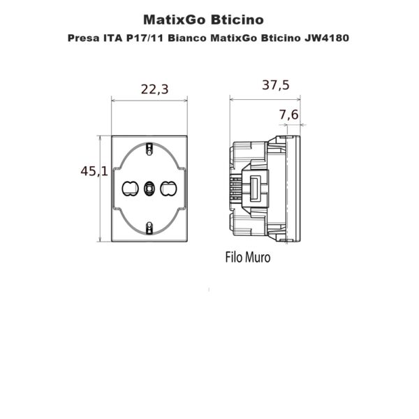 misure presa ita p17 11 bianco matixgo Bticino JW4180