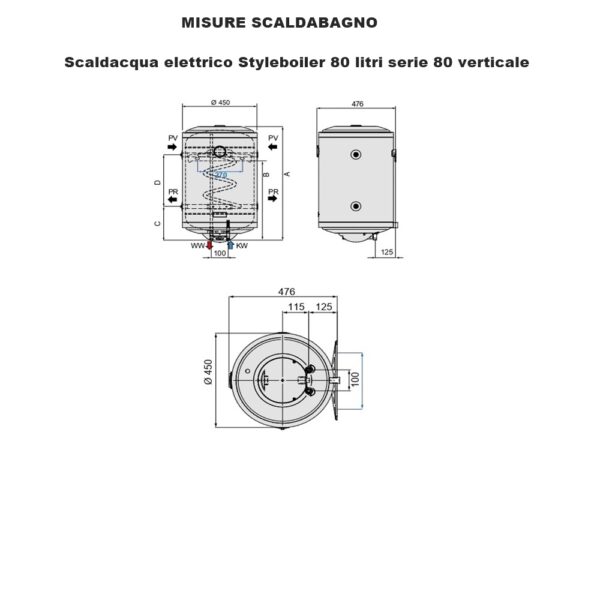 misure scaldabagno styleboiler 80 litri serie 80 verticale