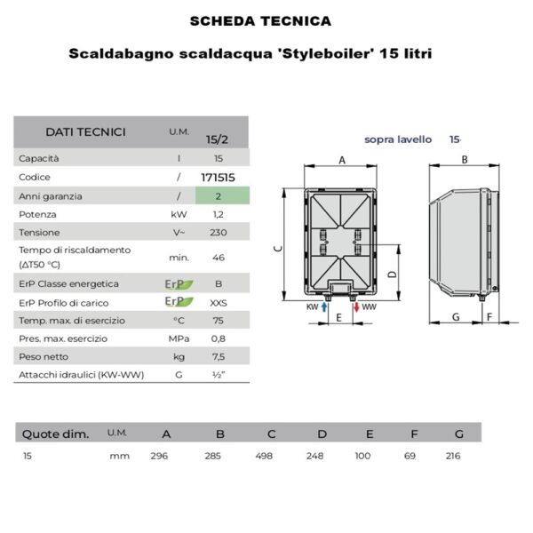 scheda scaldabagno scaldacqua elettrico styleboyler 15 litri serie 15 pony 15 sp