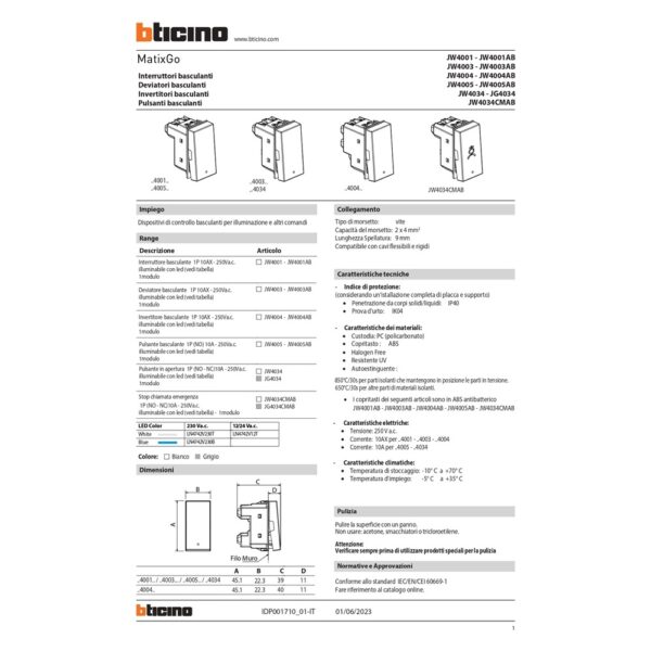 scheda-tecnica-deviatore 1P 10AX matixgo bianco Bticino jw4003