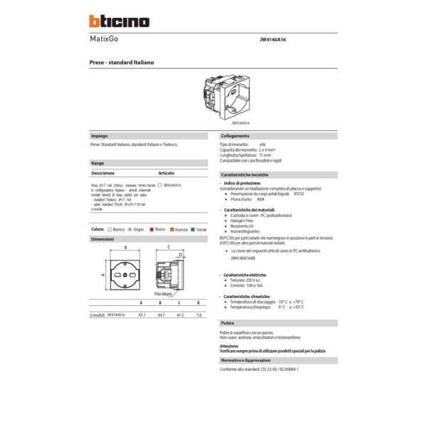 scheda tecnica presa ITA P40 Bianco MatixGO Bticino jw4140A16