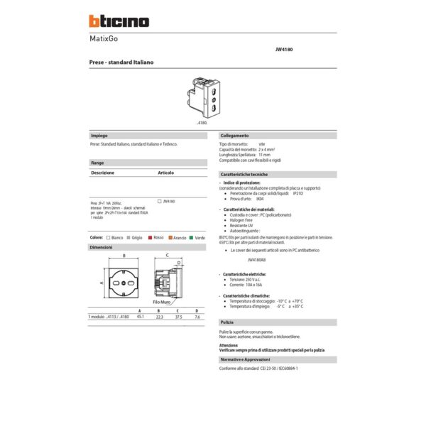 scheda tecnica presa ita p17 11 bianco matixgo Bticino JW4180