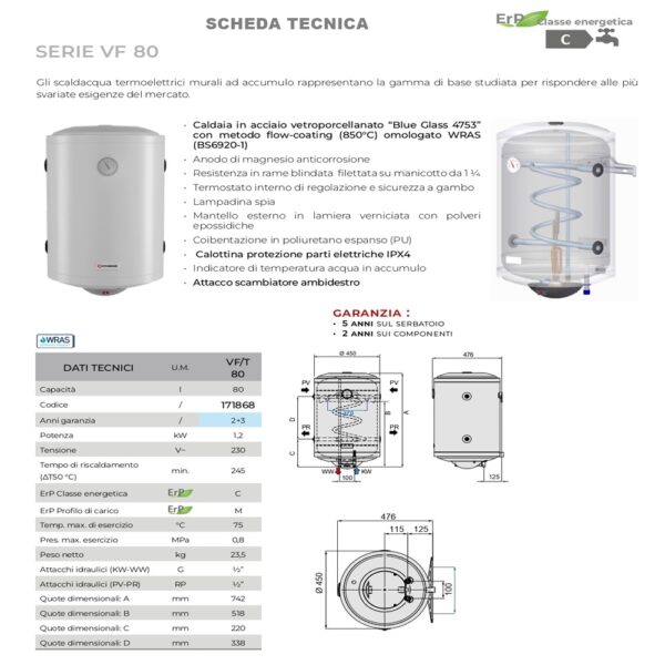 scheda tecnica scaldabagno styleboiler 80 litri serie 80 verticale